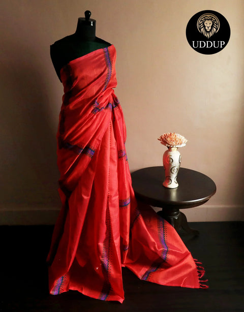 Pure Handloom Tomato Pink Silk Cotton Saree