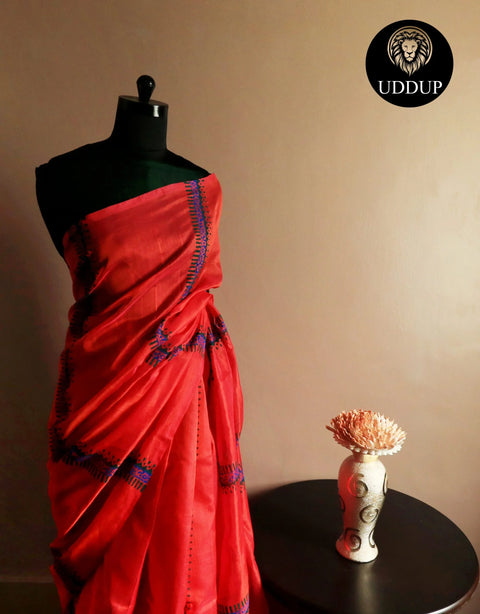 Pure Handloom Tomato Pink Silk Cotton Saree