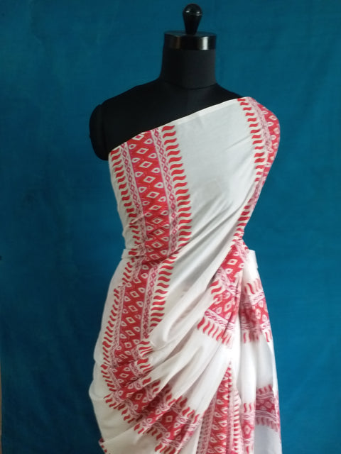 White linen saree with pink prints- Handloom Linen Saree