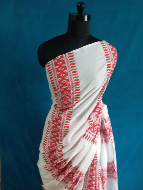 White handloom linen saree with pink and red vertical prints