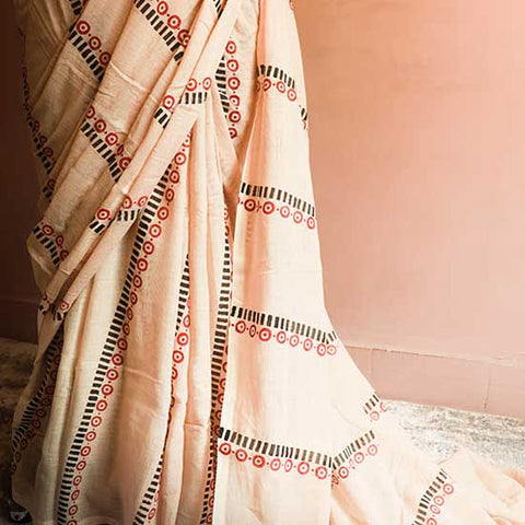 Beige Pastel Shade Designer Mul Cotton saree