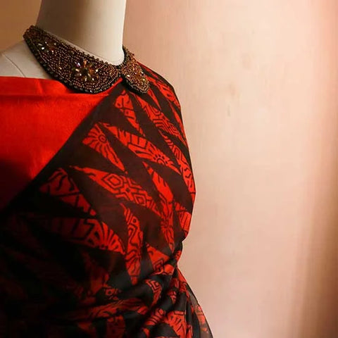 Pure Red Organza Saree with Black hand block Prints