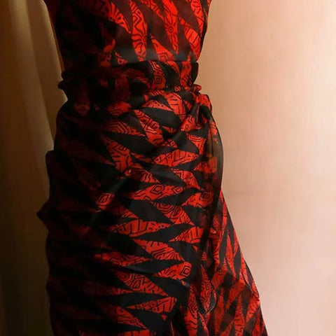 Pure Red Organza Saree with Black hand block Prints