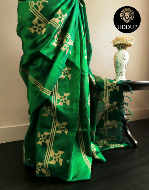 Pure Handloom Parrot Green Silk Cotton Saree