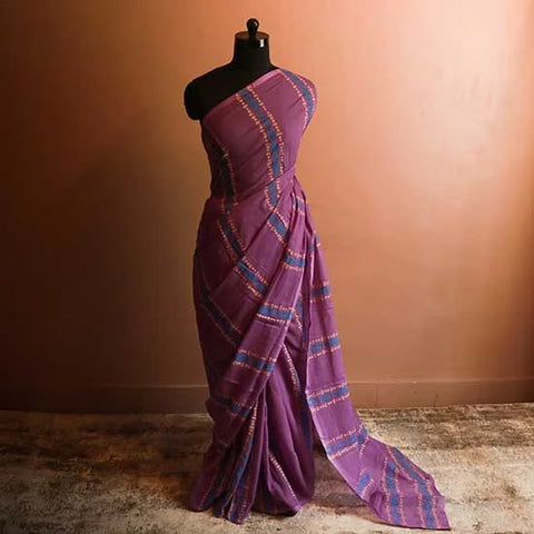 Purple colour designer block printed Mul Cotton saree