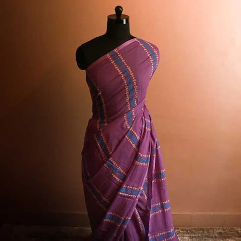 Purple colour designer block printed Mul Cotton saree