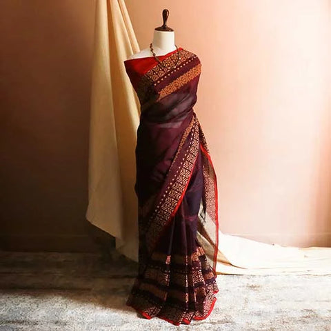 Pure Handloom Block Printed Brown Silk Cotton Saree