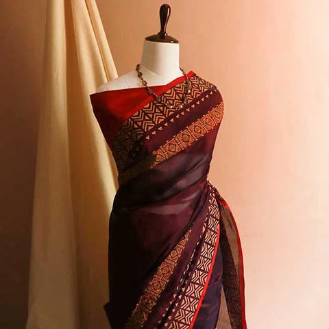 Pure Handloom Block Printed Brown Silk Cotton Saree