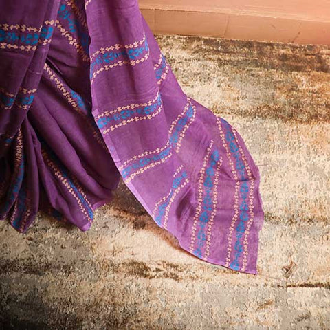 Purple colour designer block printed Mul Cotton saree