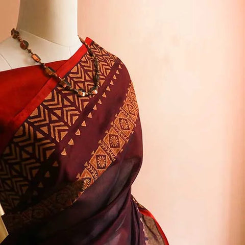 Pure Handloom Block Printed Brown Silk Cotton Saree