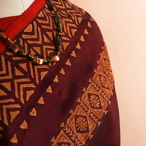 Pure Handloom Block Printed Brown Silk Cotton Saree