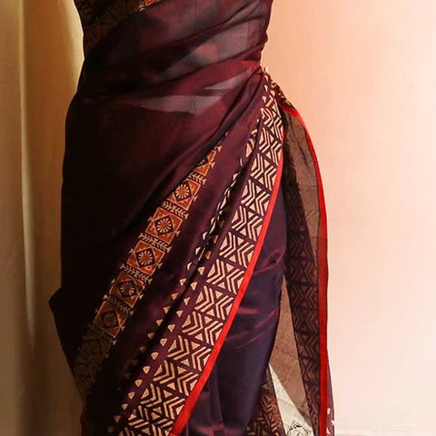 Pure Handloom Block Printed Brown Silk Cotton Saree