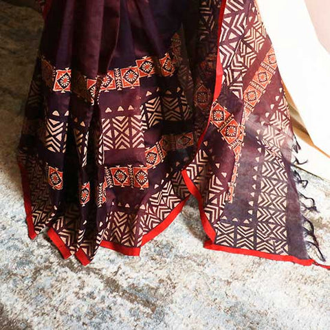 Pure Handloom Block Printed Brown Silk Cotton Saree