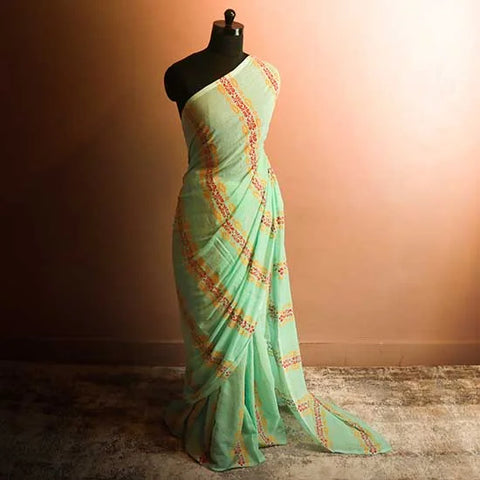 Pure sea green designer mul cotton saree
