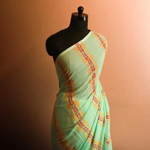 Pure sea green designer mul cotton saree