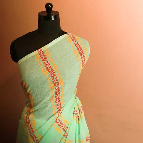 Pure sea green designer mul cotton saree