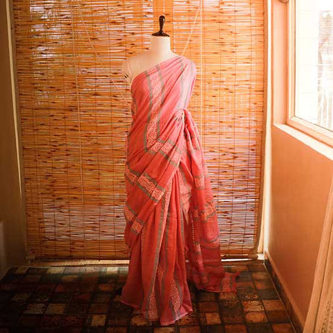 Peach colour designer Mul cotton saree