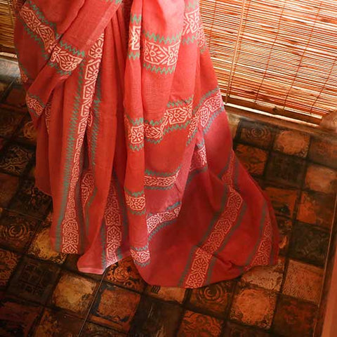 Red colour designer Mul cotton saree