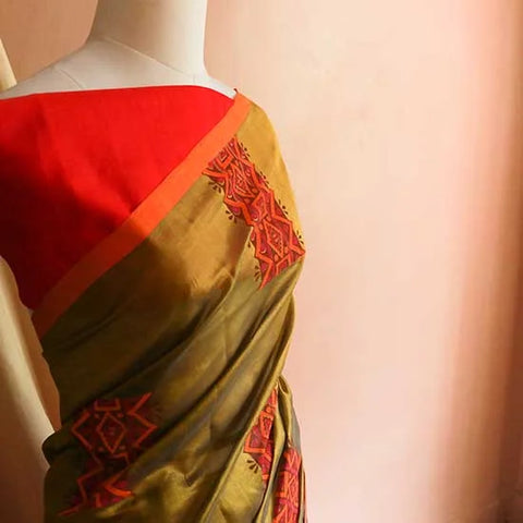 Pure Handloom Olive Green and Orange Silk Cotton Saree