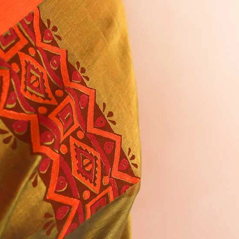 Pure Handloom Olive Green and Orange Silk Cotton Saree