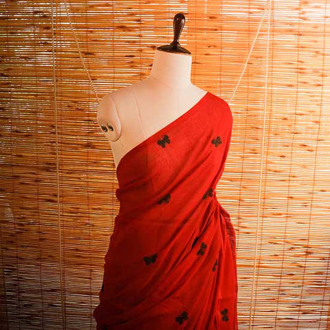 Red colour designer Mul cotton saree