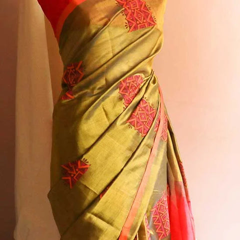 Pure Handloom Olive Green and Orange Silk Cotton Saree
