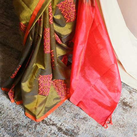 Pure Handloom Olive Green and Orange Silk Cotton Saree