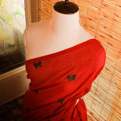 Red colour designer Mul cotton saree