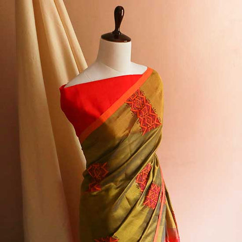 Pure Handloom Olive Green and Orange Silk Cotton Saree