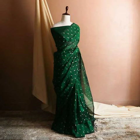 Pure Bottle Green Handloom Silk Cotton Saree