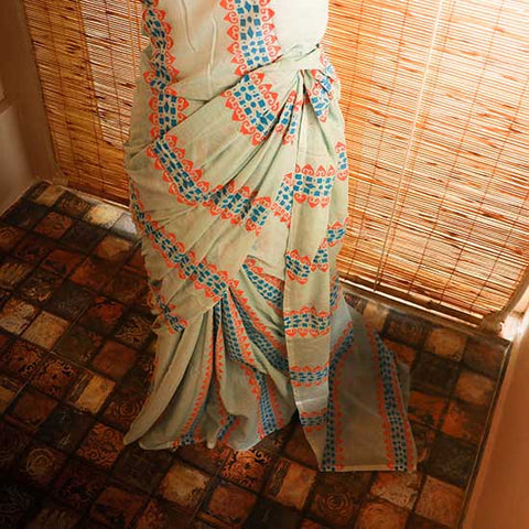 Sky blue colour designer Mul cotton saree