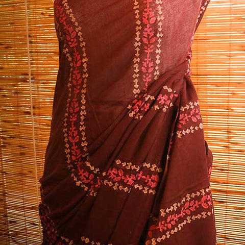 Reddish purple colour designer mul cotton saree