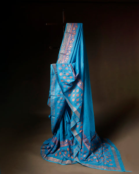 Aqua blue Kota Cotton Saree, Full details