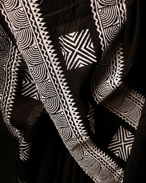 Black with White Printed Kota Cotton Saree, printing details
