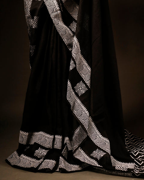 Black with White Printed Kota Cotton Saree. bottom close up