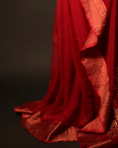 Crimson Elegance Red Kota Cotton Zari Printed Saree, Bottom side close up