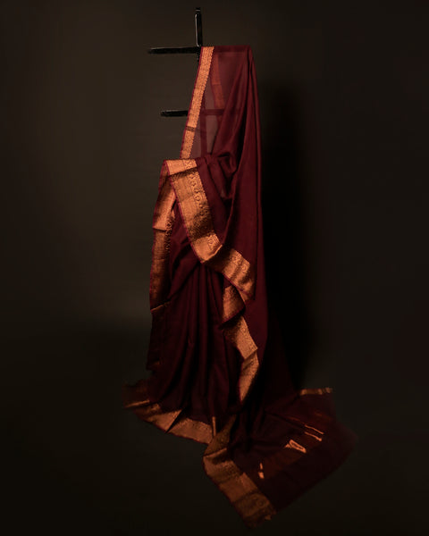 Earthen Elegance Brown Kota Cotton Zari Plain Saree,  Long size 