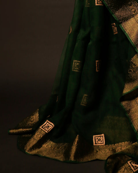 Emerald Enchantment Green Kota Cotton Zari Printed Saree, Bottom side close up