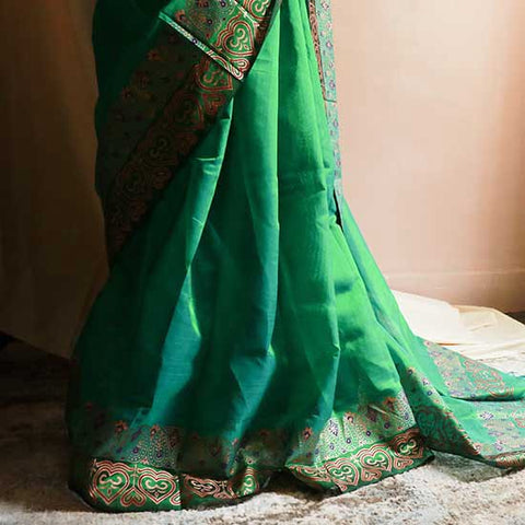 Pure Handloom Emerald Green Silk Cotton Saree