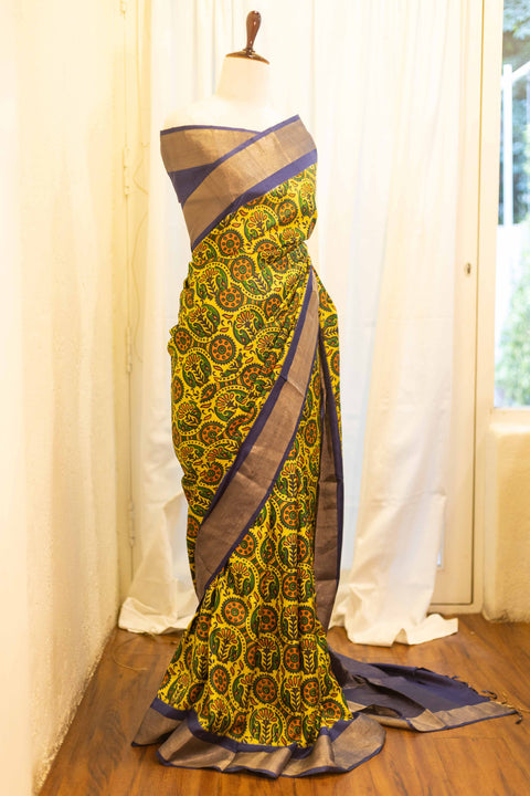 Sunshine Bloom Yellow Printed Kanchipuram Silk Saree