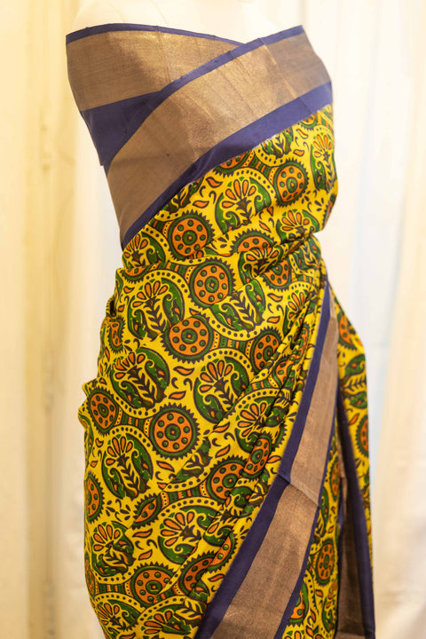 Sunshine Bloom Yellow Printed Kanchipuram Silk Saree