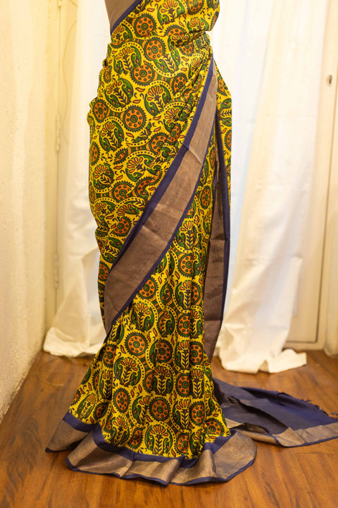Sunshine Bloom Yellow Printed Kanchipuram Silk Saree