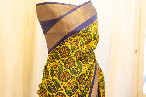 Sunshine Bloom Yellow Printed Kanchipuram Silk Saree