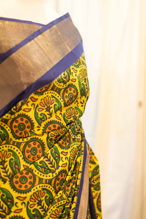Sunshine Bloom Yellow Printed Kanchipuram Silk Saree