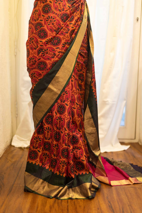 Autumn Elegance Orange and Black Printed Kanchipuram Silk Saree