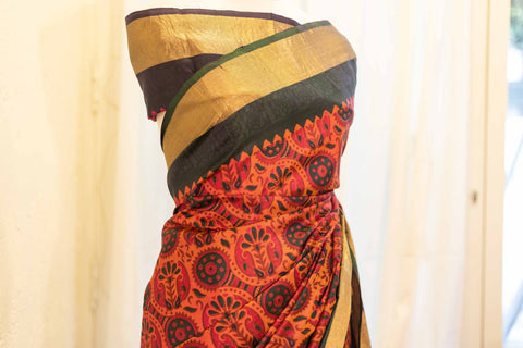 Autumn Elegance Orange and Black Printed Kanchipuram Silk Saree