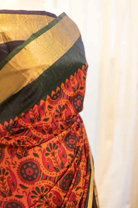 Autumn Elegance Orange and Black Printed Kanchipuram Silk Saree