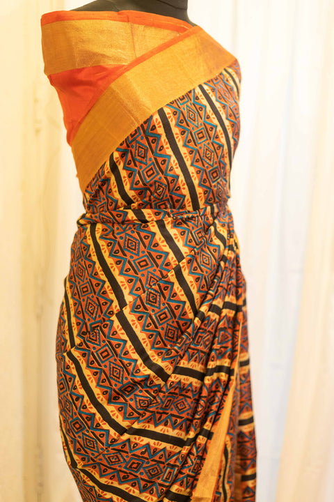 Mystic Sunset Orange and Black Striped Printed Kanchipuram Silk Saree