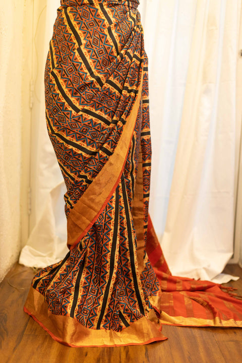 Mystic Sunset Orange and Black Striped Printed Kanchipuram Silk Saree
