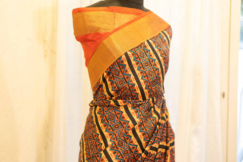 Mystic Sunset Orange and Black Striped Printed Kanchipuram Silk Saree